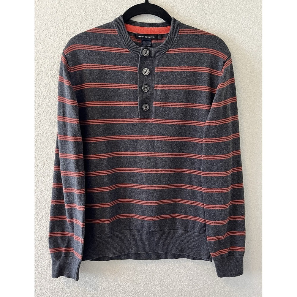 French Connection Henley Sweater Mens Small Long Sleeve Striped 100% Cotton
